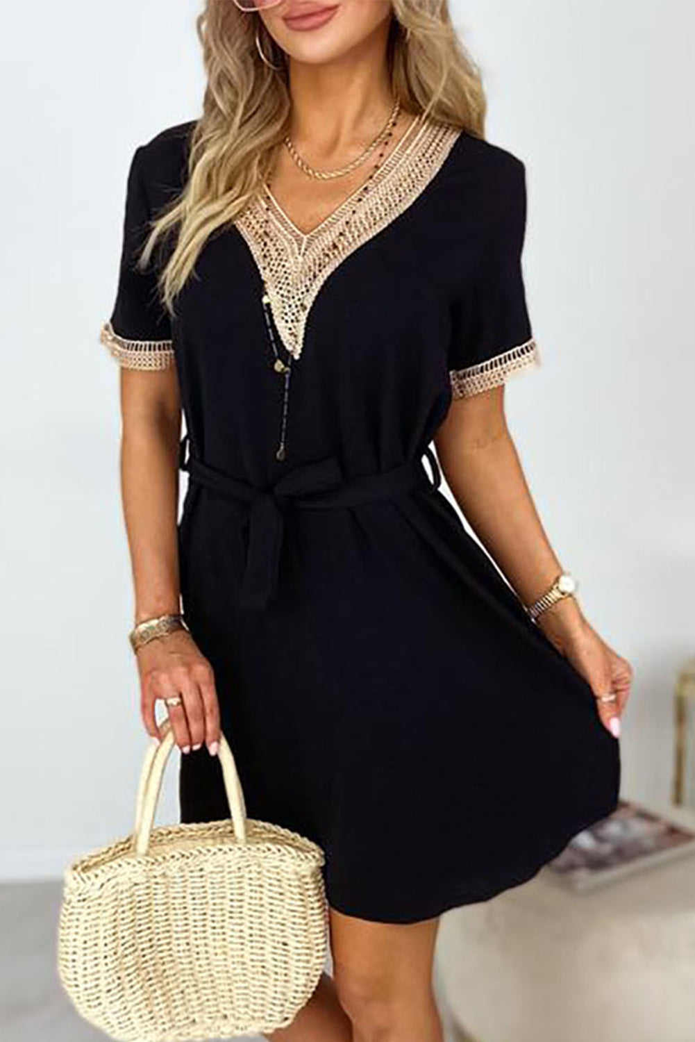 Lace Splicing Short Sleeve Dress with Waist Tie