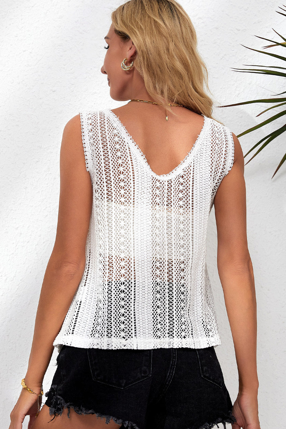 Lace Crochet Open Back U Neck Tank Top