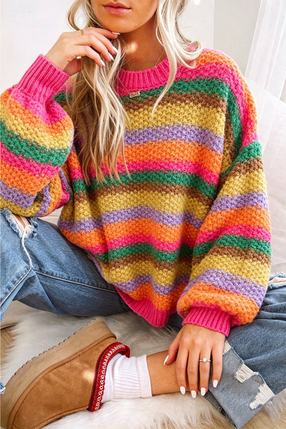 Camel Rainbow Striped Knit Round Neck Puff Sleeve Sweater