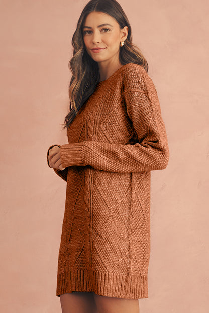 Burgundy Cable Knit Drop Shoulder Loose Fit Sweater Dress