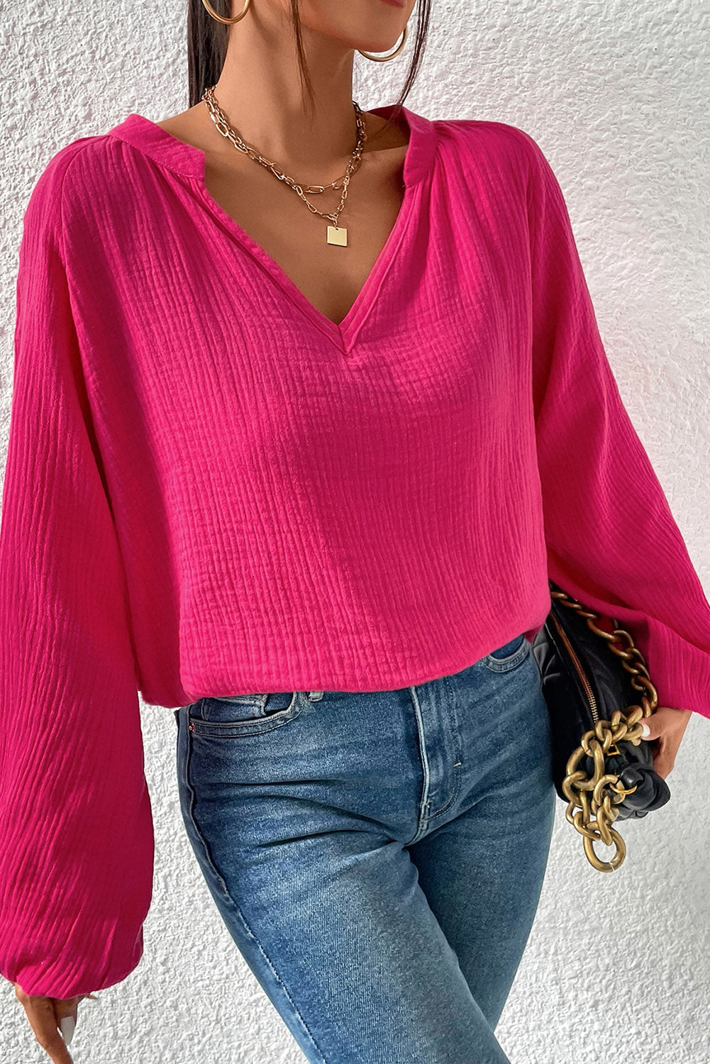 Crinkle Split Neck Puff Sleeve Blouse