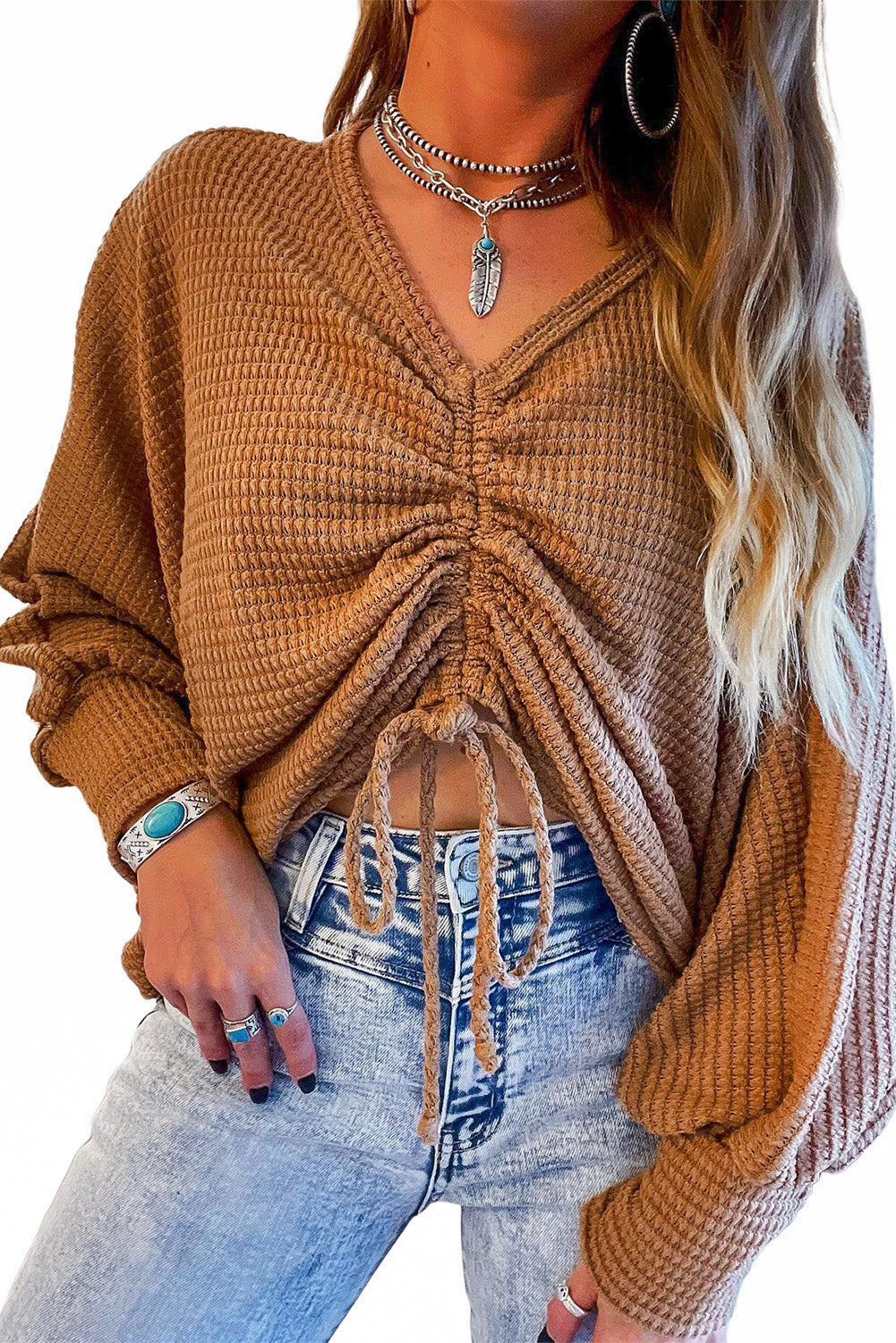 V-Neck Drawstring Dolman Sleeve Waffle Knit Top