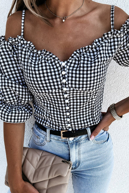 Sweetheart Gingham Button Down Cold Shoulder Blouse