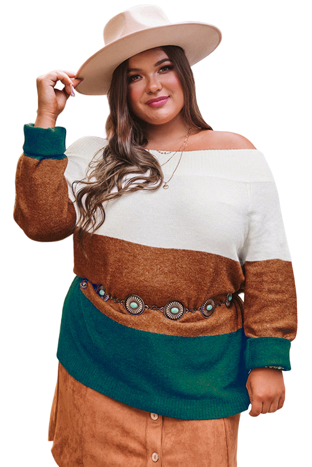 Plus Size Ribbed Trim Color Block Sweater