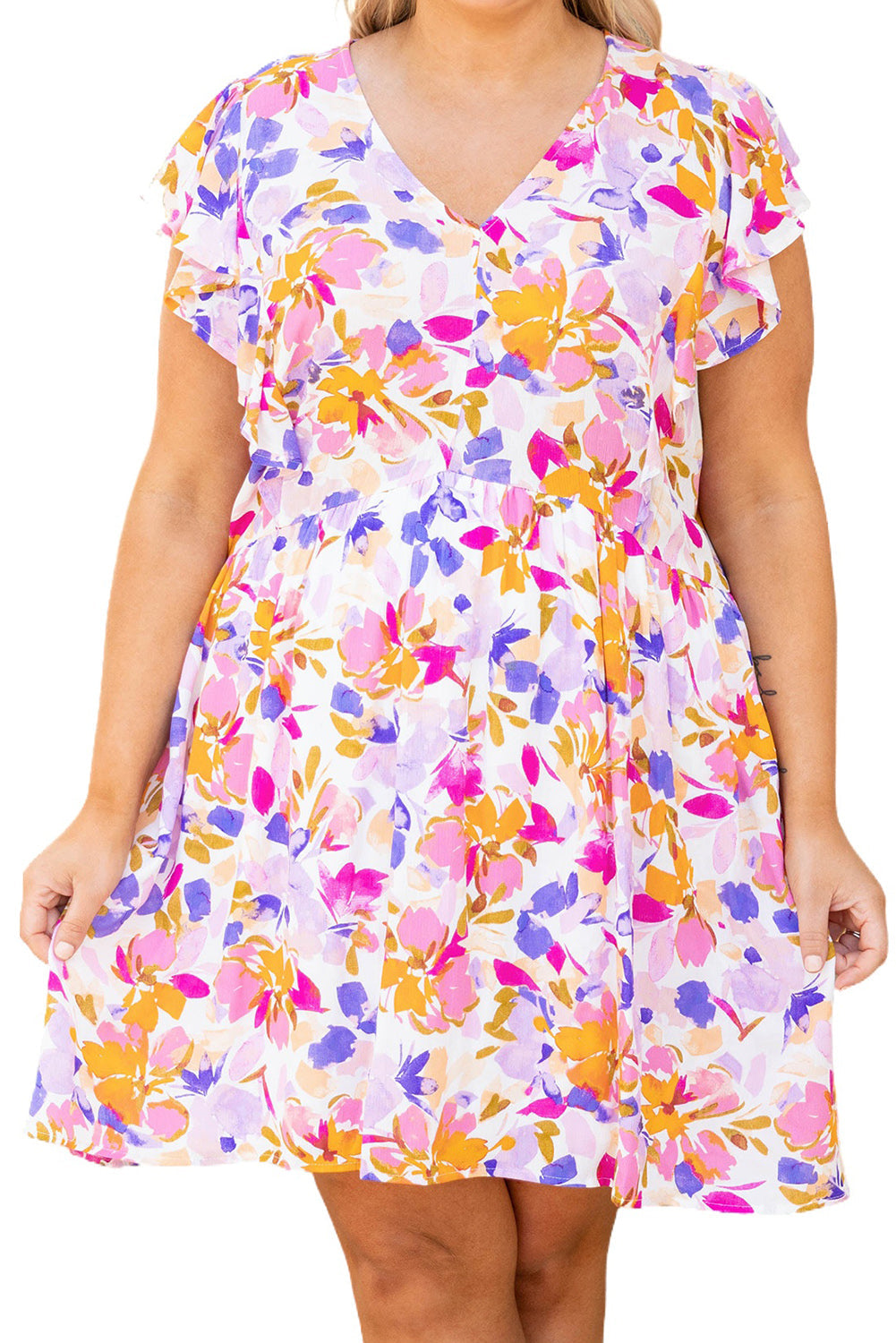 Multicolor Floral V-Neck Ruffled Sleeve Plus Size Dress