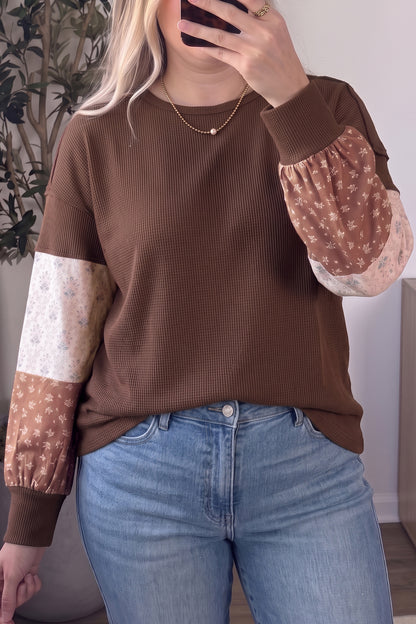 Coffee Plus Size Waffle Knit Floral Patchwork Long Sleeve Top