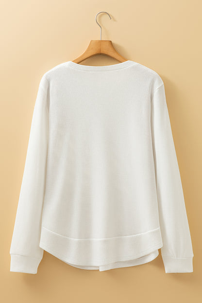 White Rounded Hem Waffle Plain Long Sleeve Top
