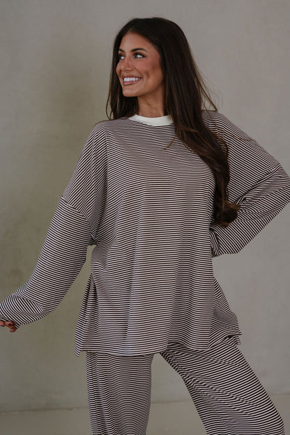 Pink Striped Drop Shoulder Long Sleeve Pant Set