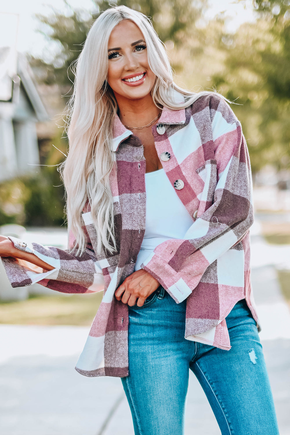 Khaki Plaid Color Block Buttoned Long Sleeve Jacket with Pocket