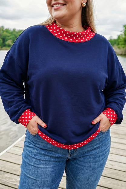 Dirty blue Polka Dot Patchwork Round Neck Plus Size Sweatshirt