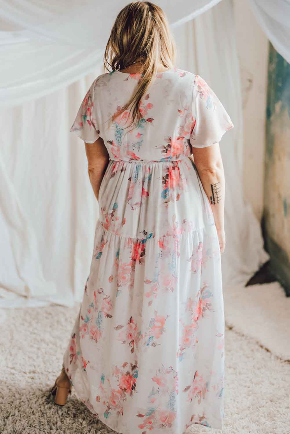 Floral Print Lace-up High Waist Plus Size Maxi Dress