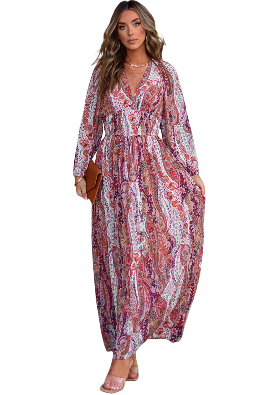 Multicolour Boho Paisley Print V Neck Empire Waist Maxi Dress