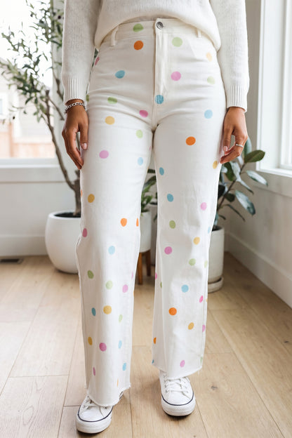 White High Waist Polka Dot Straight Leg Casual Jeans