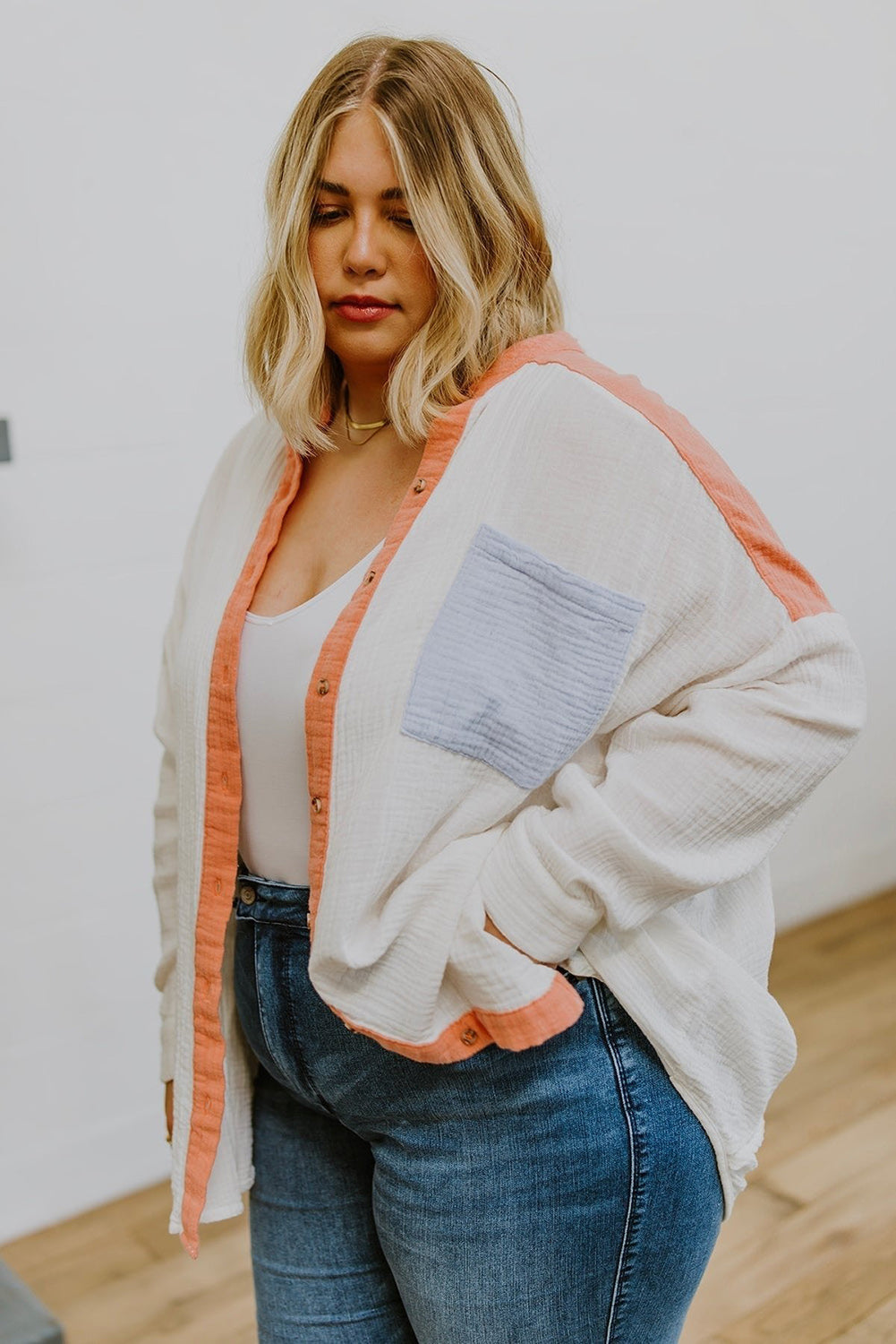 Crinkle Colorblock Chest Pocket Plus Size Shirt