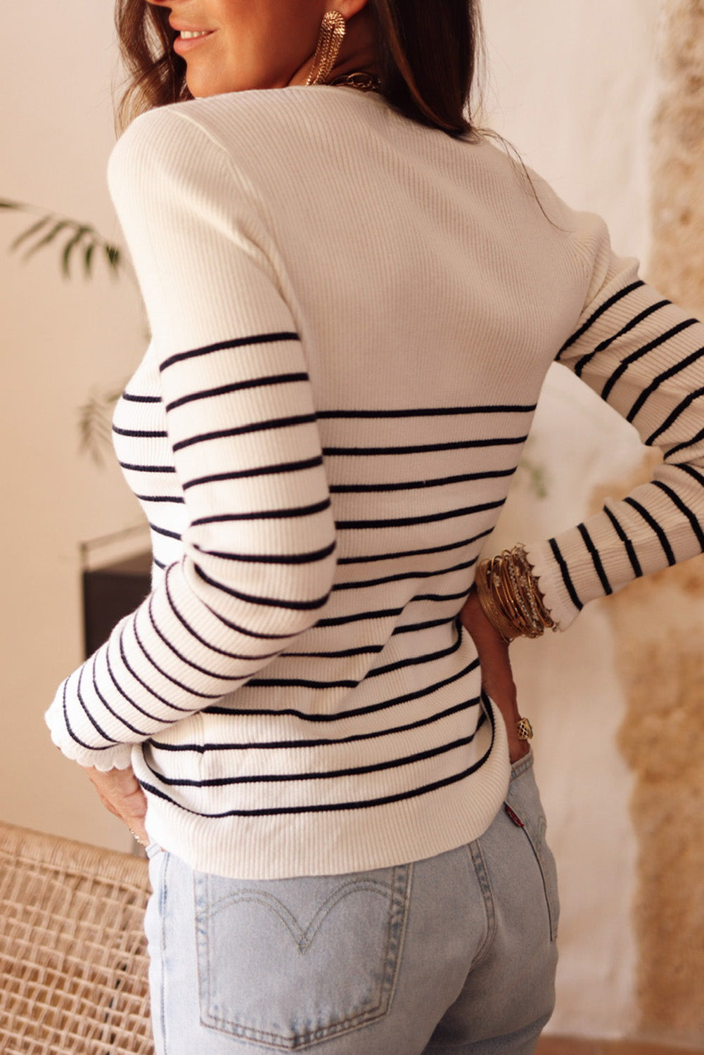 Scalloped Trim Striped Print Sweater