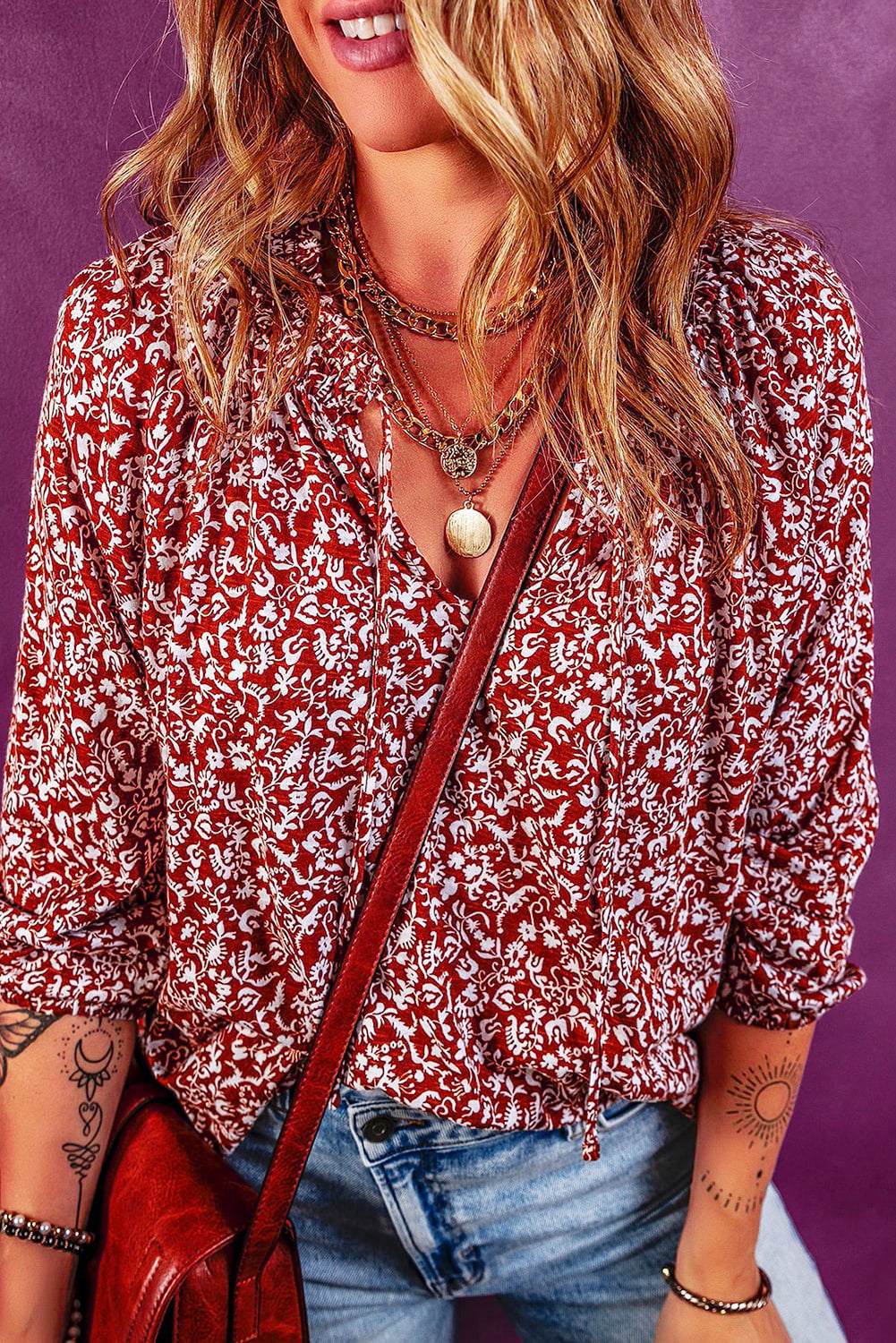 Biking Red Floral Print Smocked Tie Neck Blouse