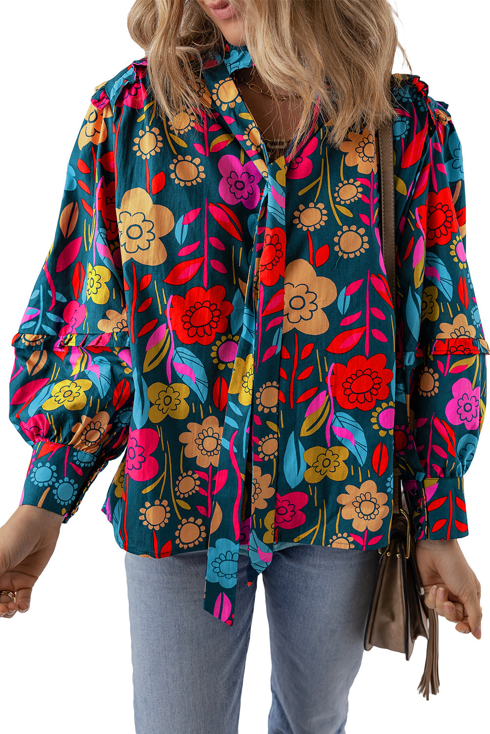 Green Floral Knot Split Neck Puff Sleeve Blouse