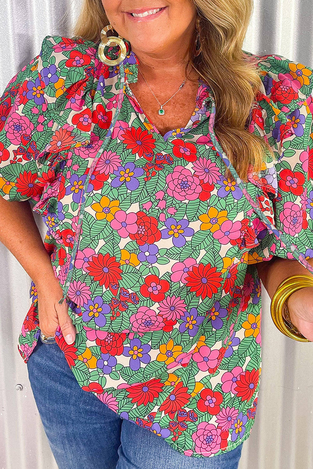 Multicolour Plus Size Floral Print Ruffle V Neck Bubble Sleeve Blouse