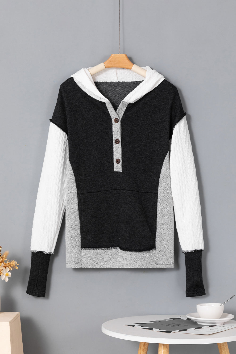 Black Color Block Textured Buttoned Kangaroo Pocket Hoodie