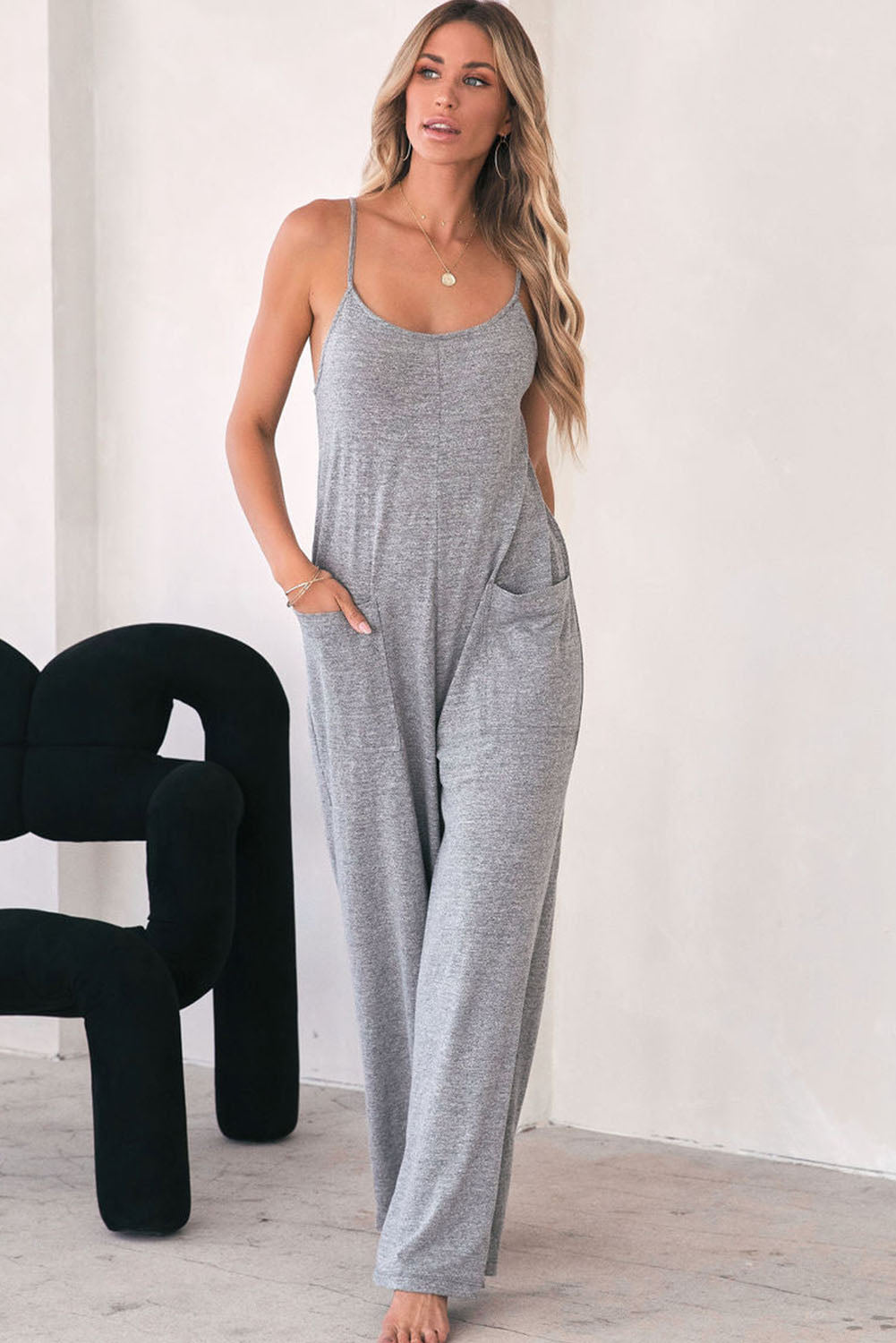 Gray Loose Fit Side Pockets Spaghetti Strap Wide Leg Jumpsuit