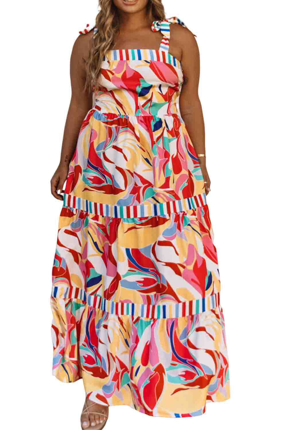 Multicolor Abstract Print Striped Trim Maxi Sundress