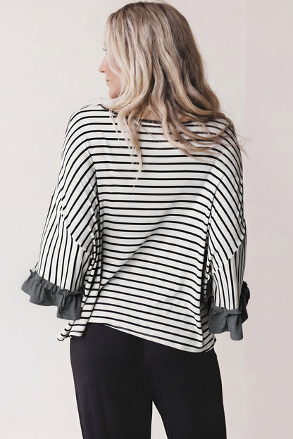 Gray Stripe V Neck Ruffle Contrast Sleeve Drawstring Pants 2pcs Set