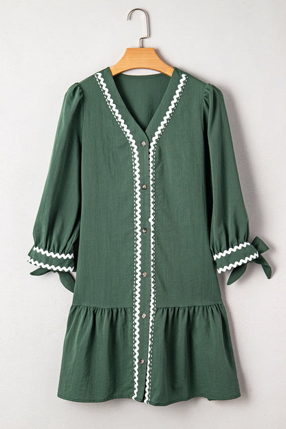 Canton Contrast Ricrac Trim Button V Neck Knotted Bracelet Sleeve Dress