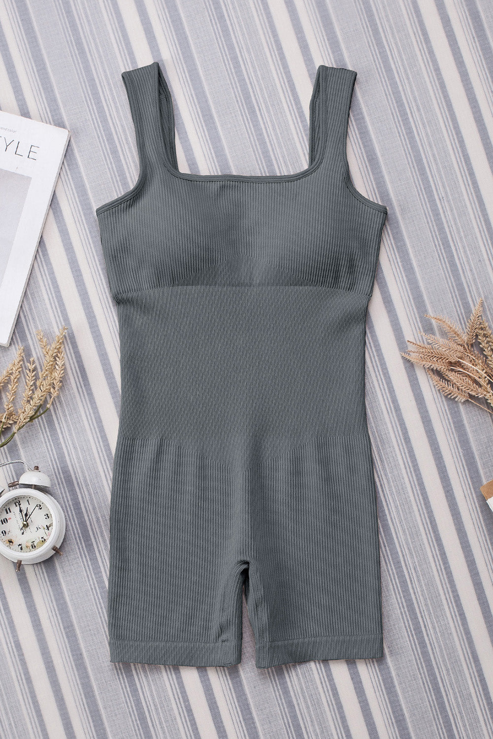 Ribbed Square Neck Padded Sports Romper