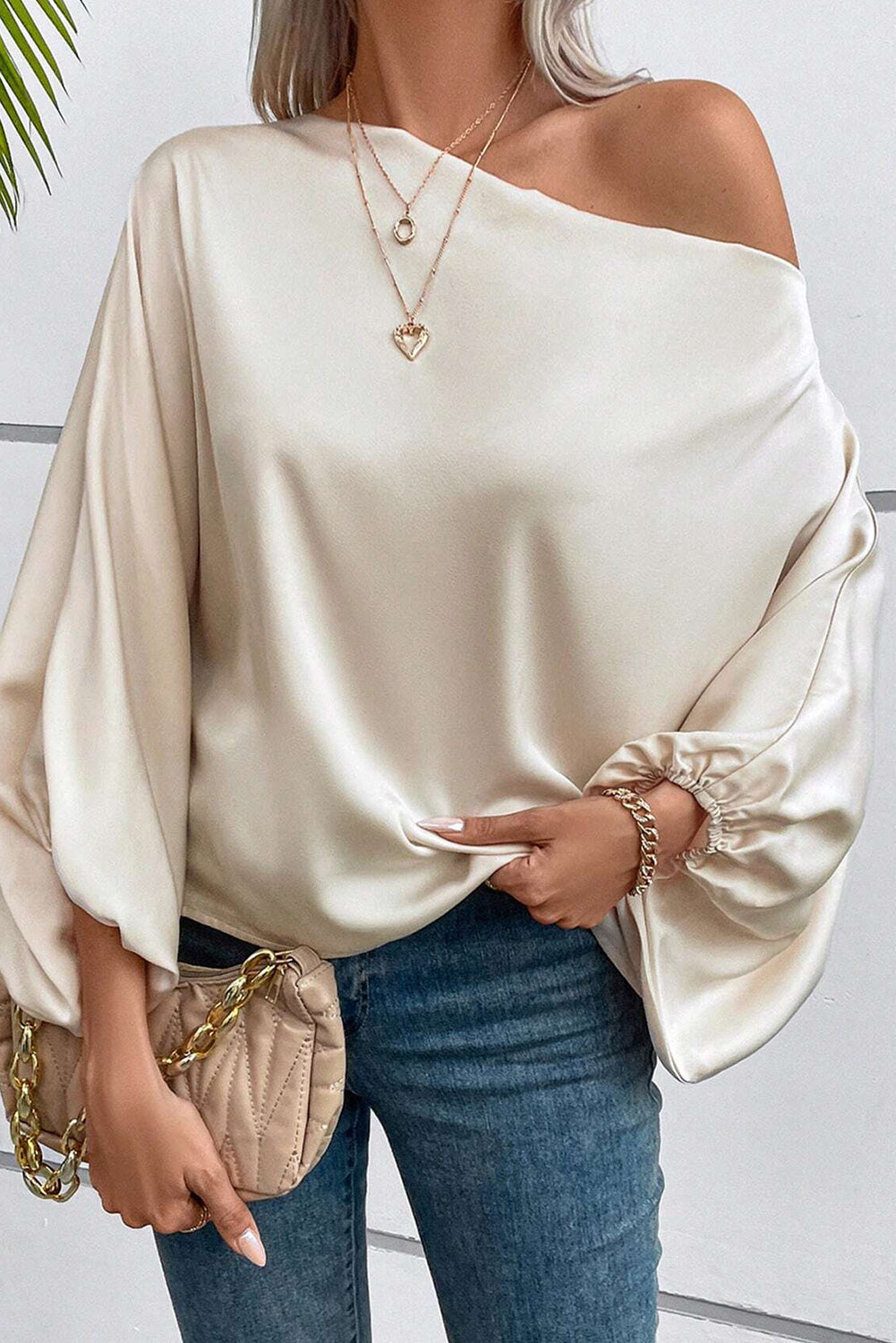 Apricot Asymmetrical Neck Balloon Sleeve Satin Blouse