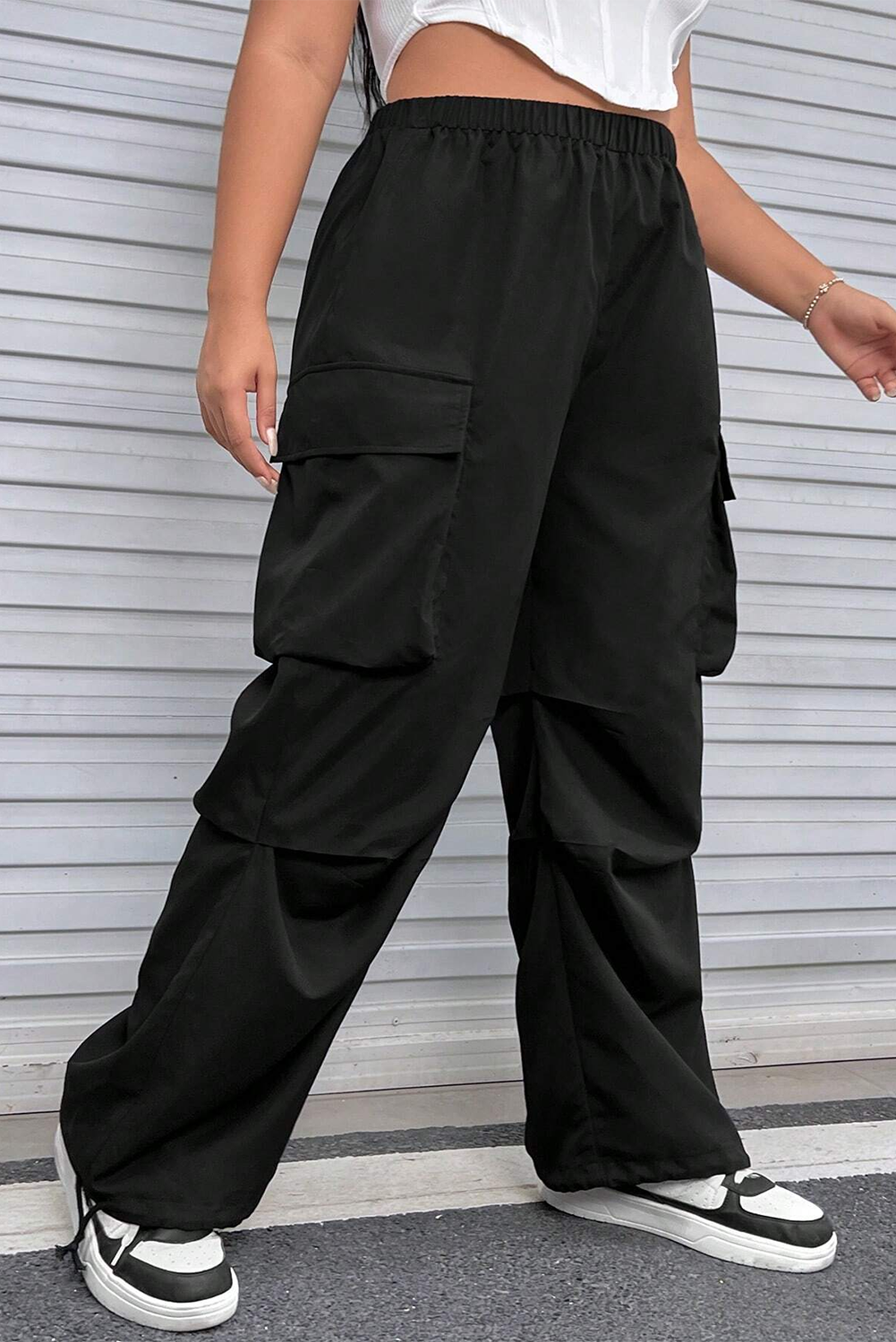 Black Plus Size Flap Pocket Elastic Waist Cargo Pants