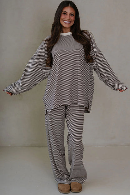 Pink Striped Drop Shoulder Long Sleeve Pant Set