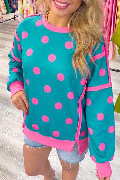 Black Polka Dot Contrast Patchwork Round Neck Baggy Sweatshirt