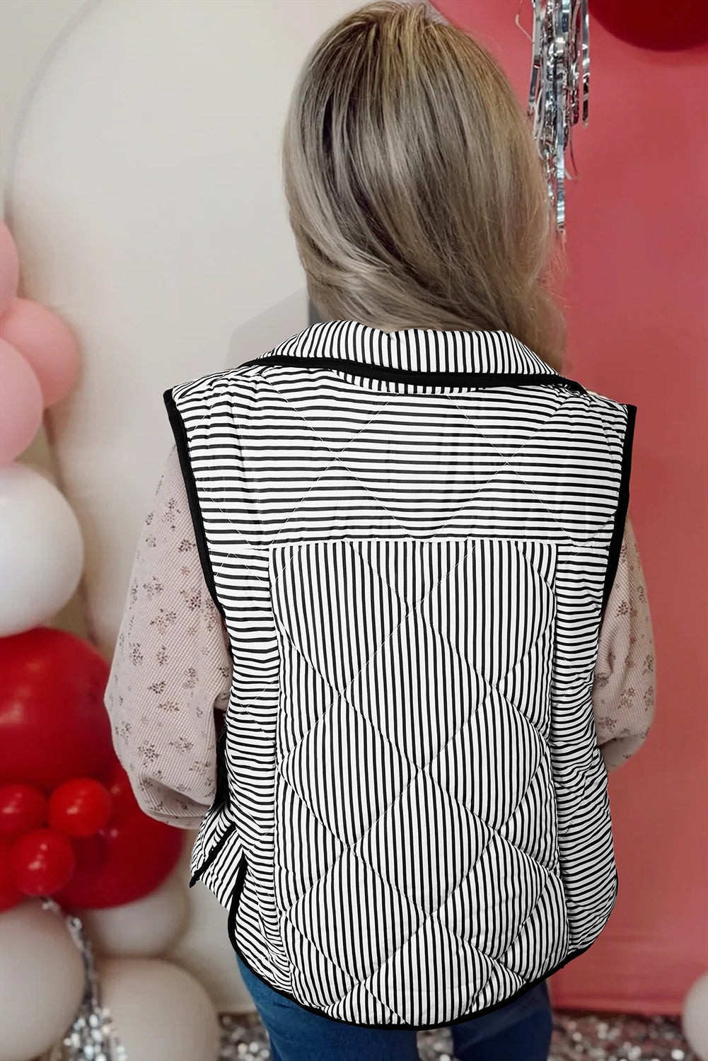 Brown Striped Snap Button Scalloped Hem Winter Vest
