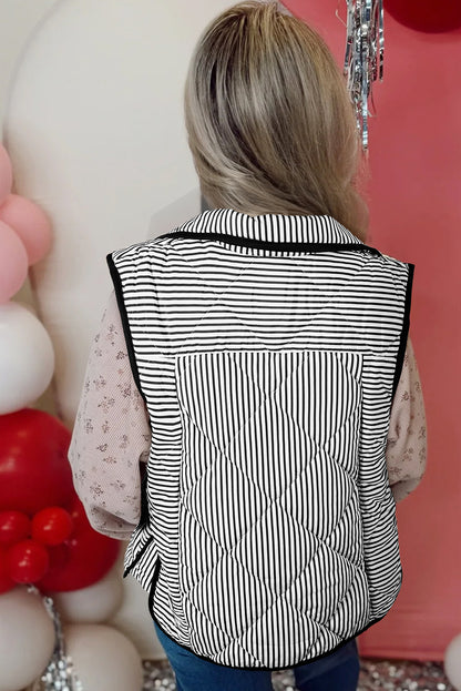Brown Striped Snap Button Scalloped Hem Winter Vest