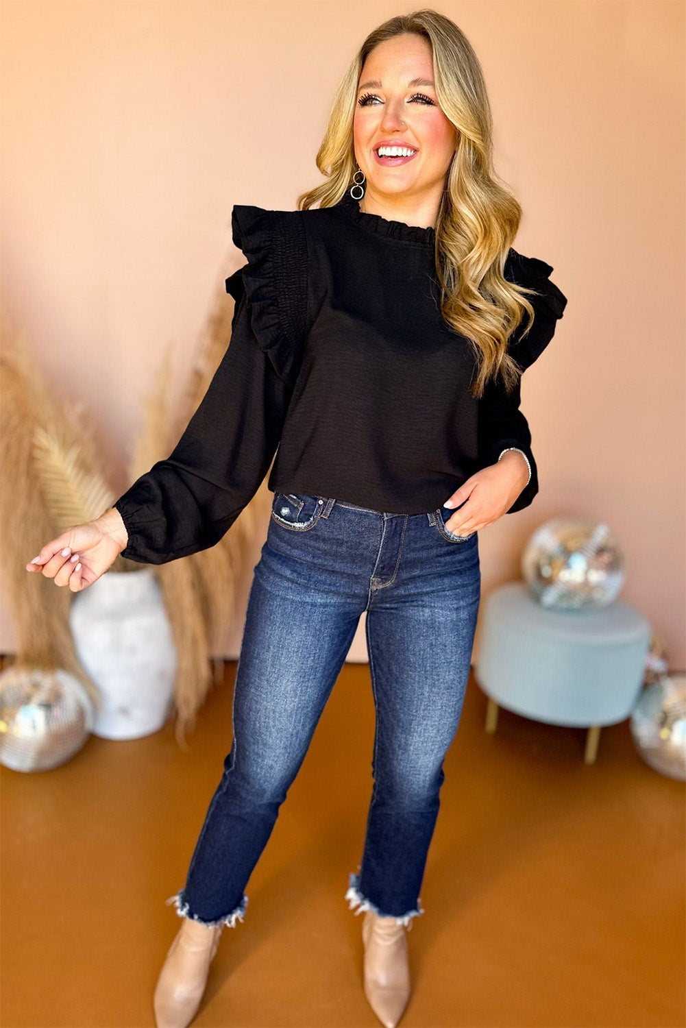 Black Frilled Neck Ruffled Trim Bubble Sleeve Blouse