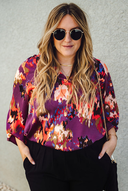 Plus Size Abstract Print V-Neck Long Sleeve Blouse