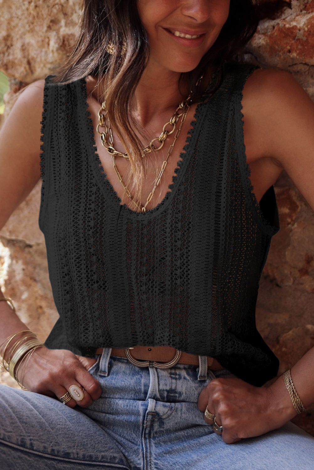 Lace Crochet Open Back U Neck Tank Top