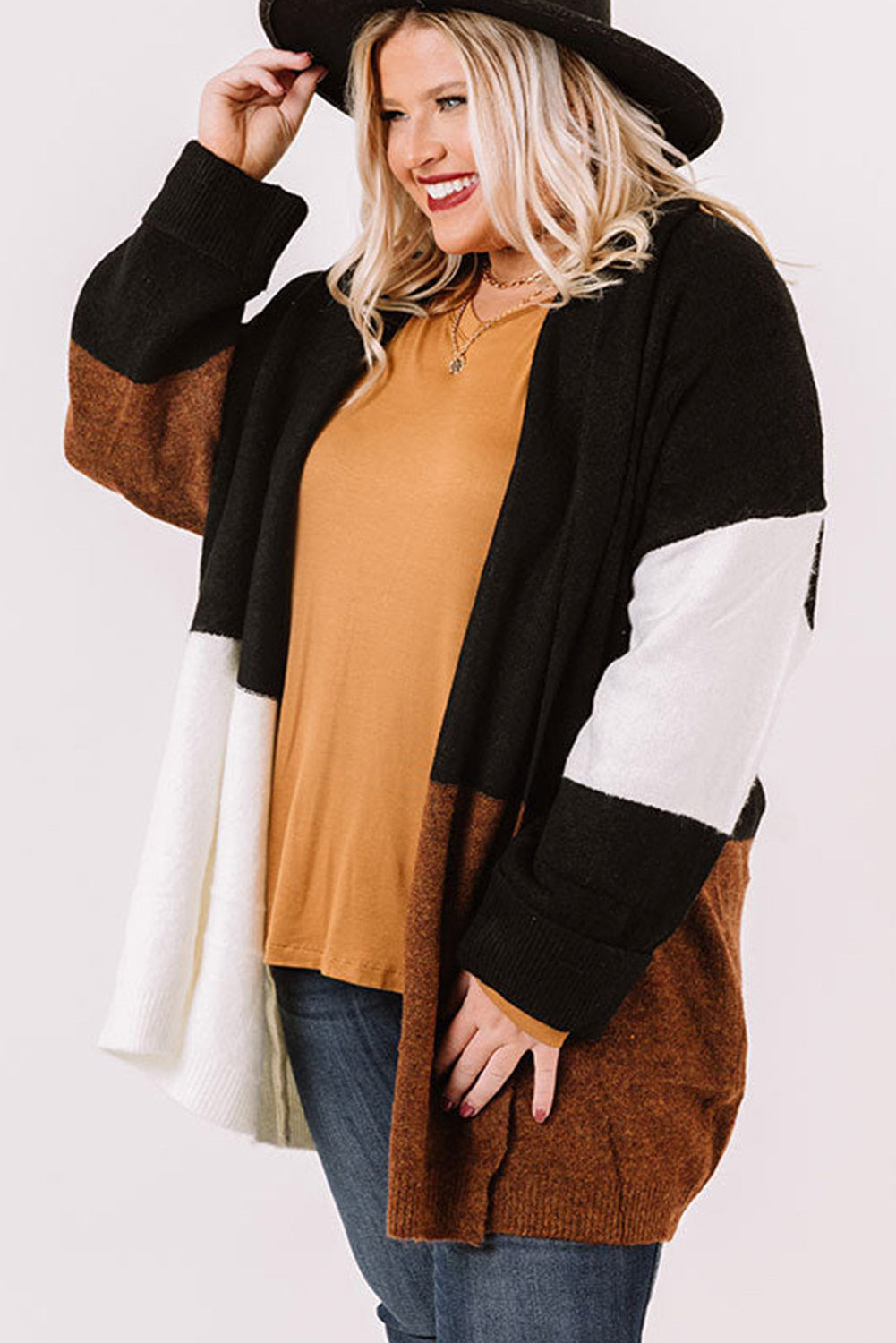 Plus Size Open Front Color Block Cardigan