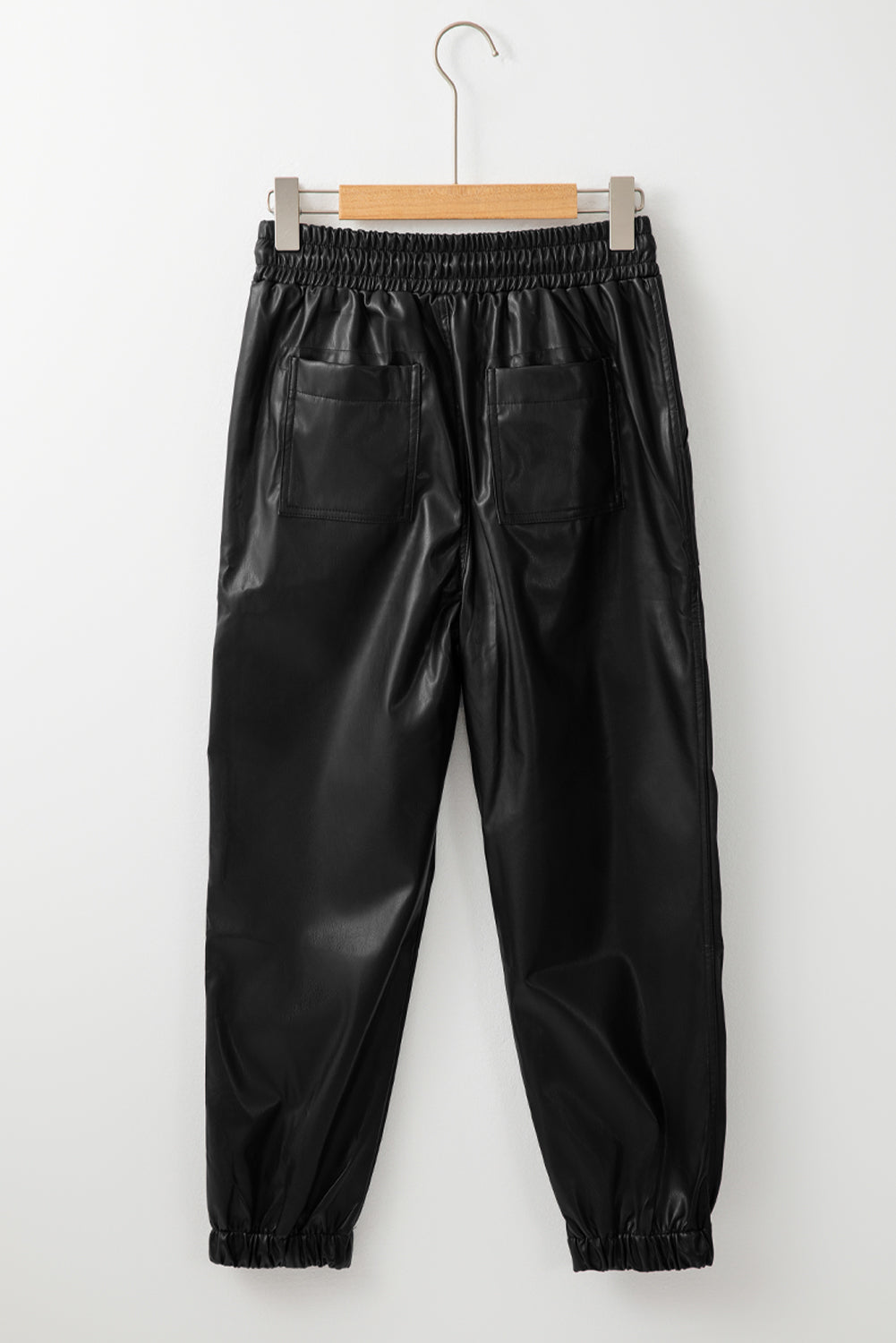 Black Faux Leather Ankle Smocked Waist Drawstring Joggers