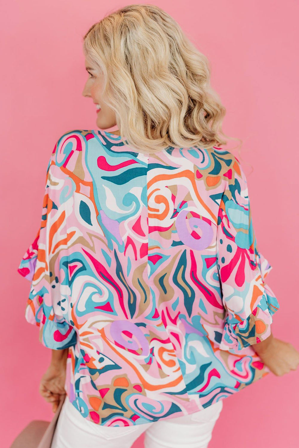 Abstract Print Ruffle V Neck Blouse