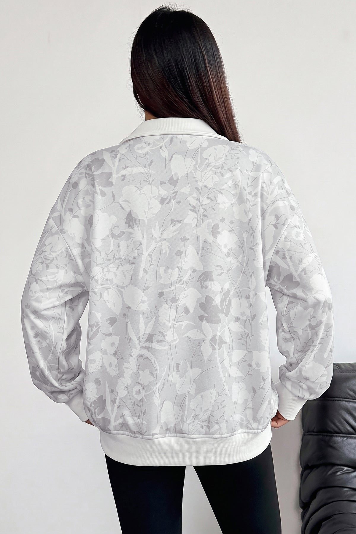 Gray Floral Print Quarter Zip Stand Neck Long Sleeve Sweatshirt