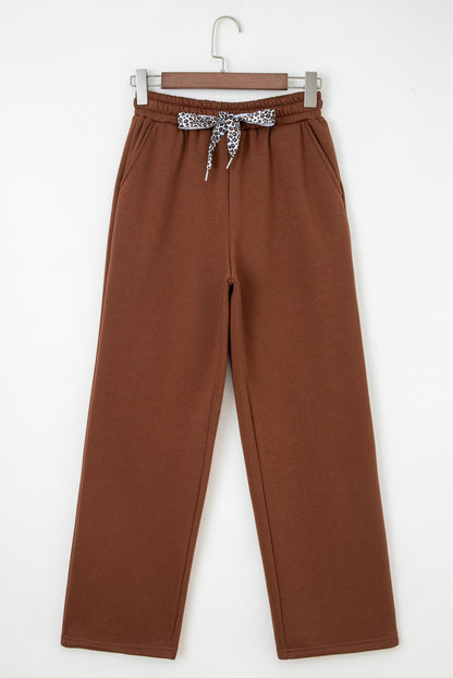 Black Fleece Lined Leopard Drawstring Elastic Waist Solid Pants
