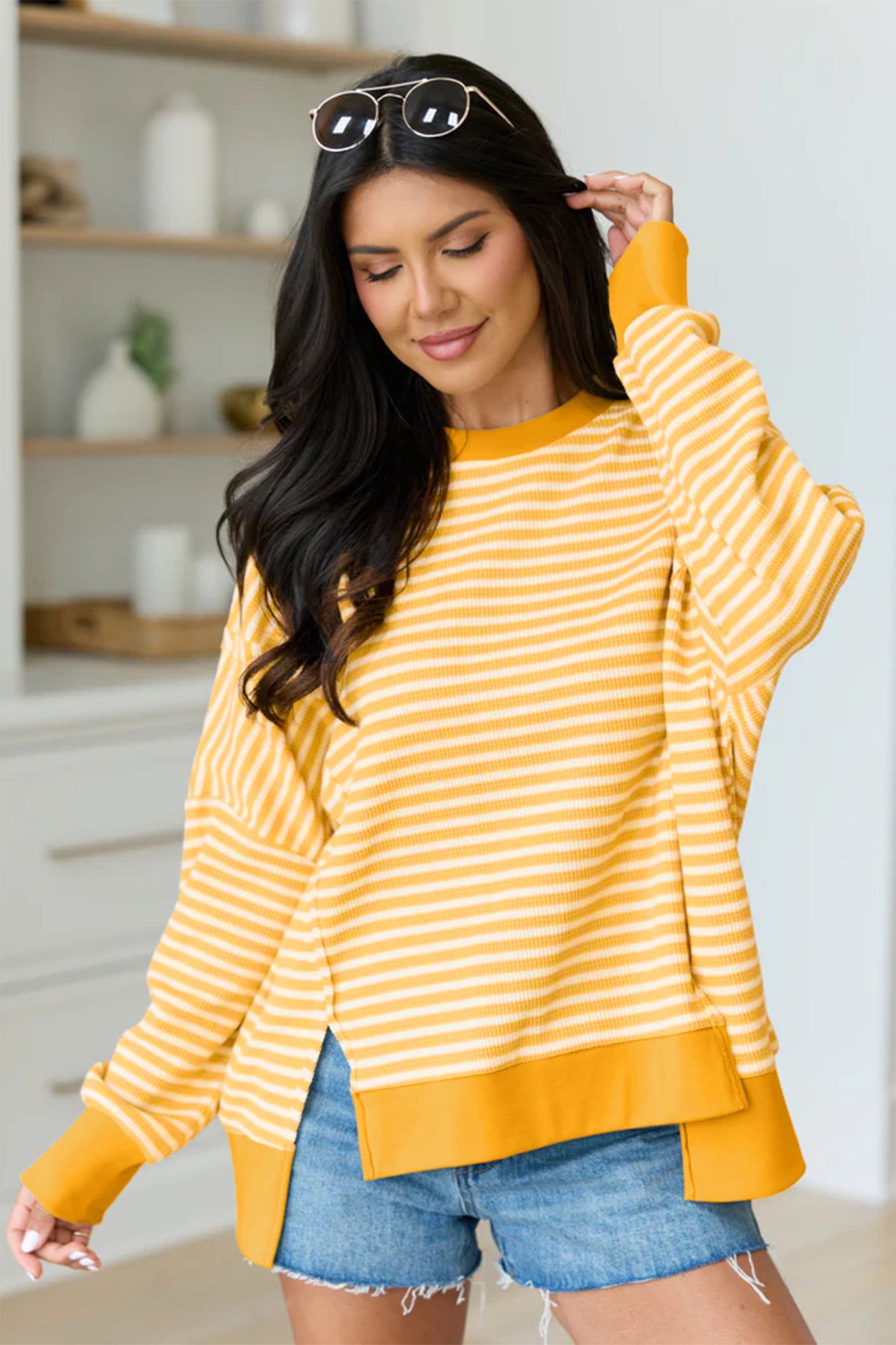 Pink Stripe Textured Knit Color Block Trim Split Hem Long Sleeve Top
