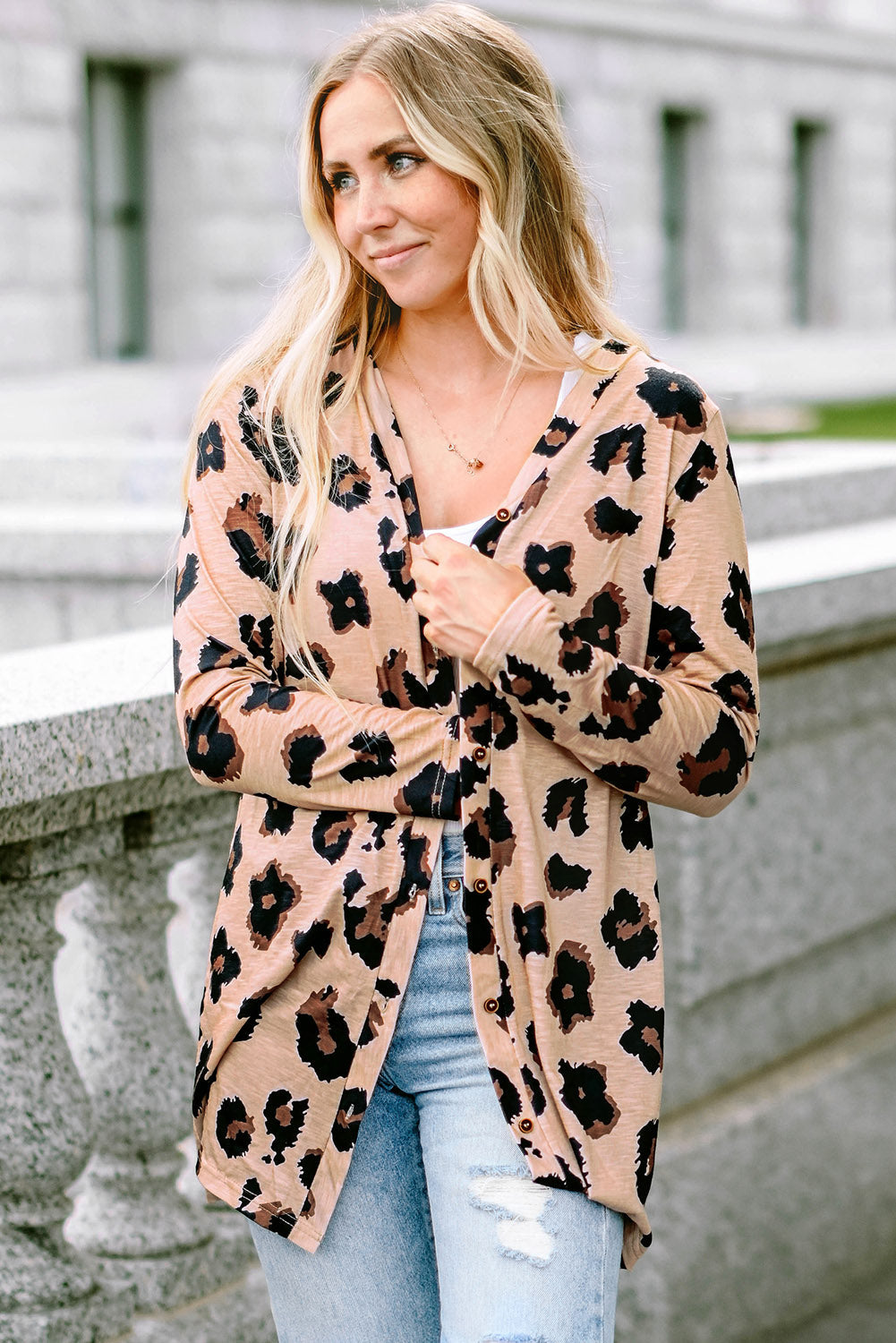 Brown Buttoned Thigh-high Length Plus Size Cardigan