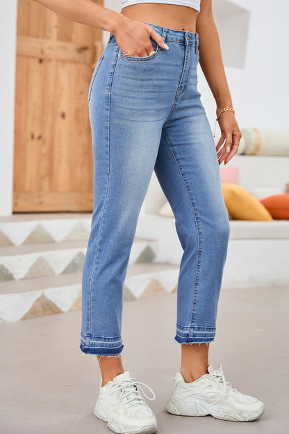 Dark Blue Whiskered Wash Raw Hem Cropped Jeans