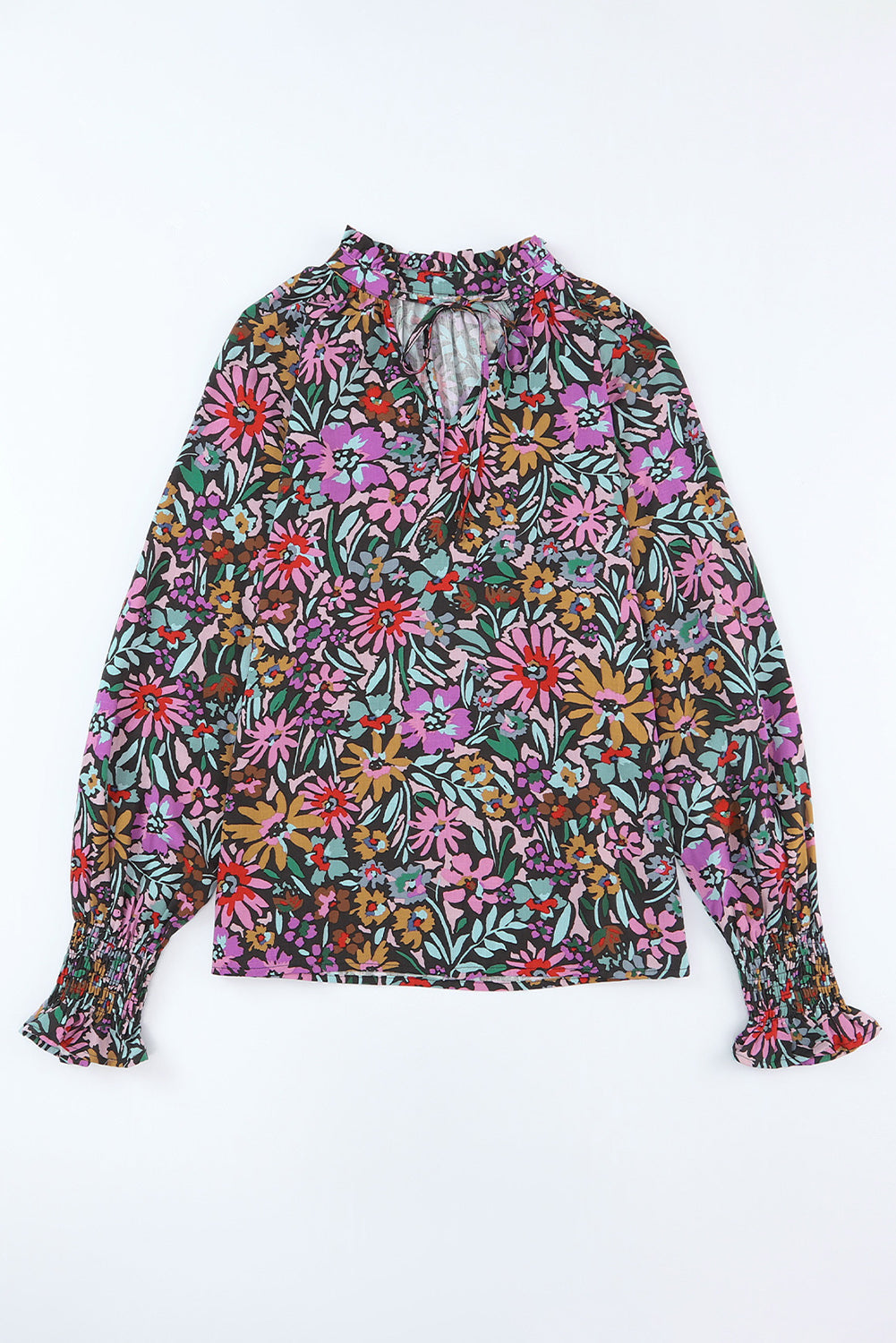 Multicolour Plus Size Floral Smocked Cuffs V-Neck Blouse