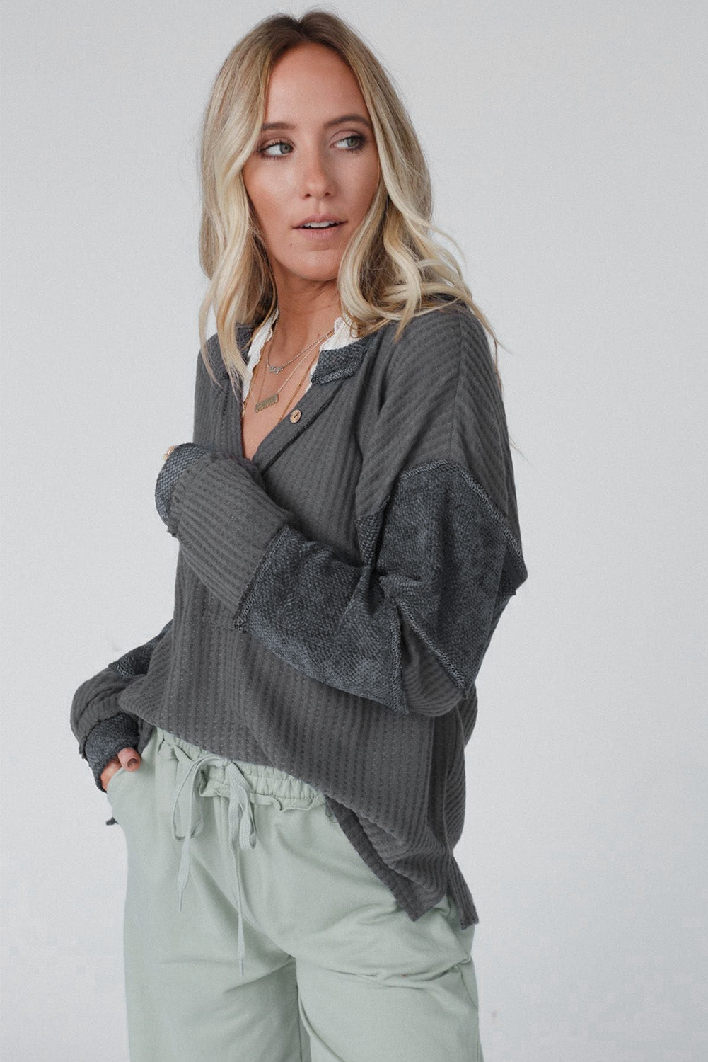 Gray Contrast Patched Exposed Seam Waffle Knit Henley Top