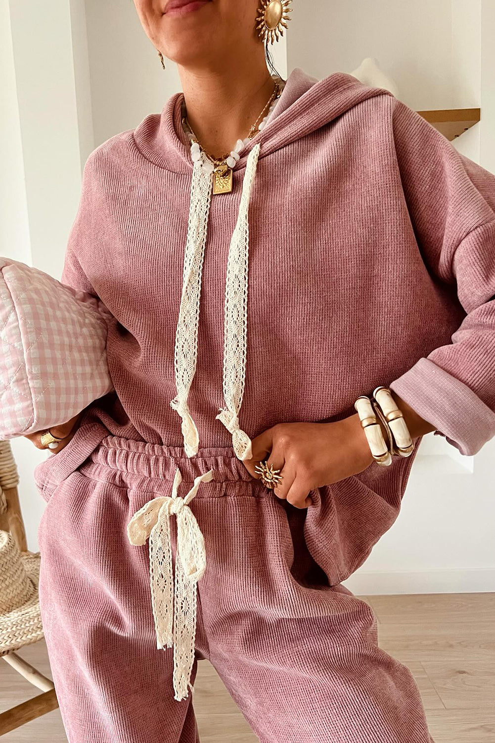 Dark Khaki Drawstring Pullover Hoodie and High Waist Pants Corduroy Suit