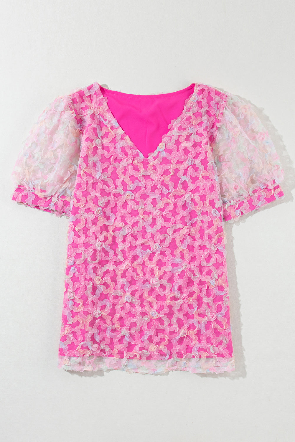 Bonbon Flowery Mesh Short Puff Sleeve Blouse