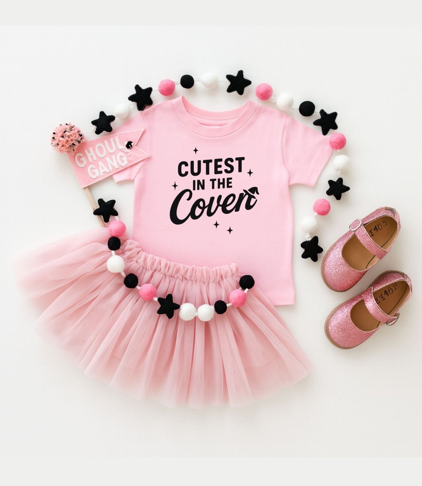Cutest In the Coven Tee, Girls Witch Shirt, Halloween Tshirt for kids, Toddler halloween, Pink and black, witch hat, halloween shirt